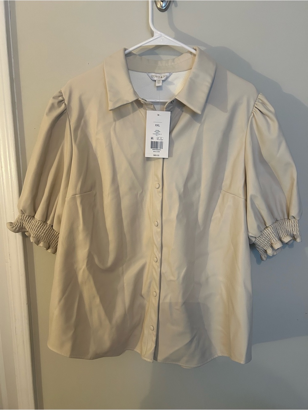 crown & ivy Beige Puff Sleeve Button-Front Shirt in soft leather like material